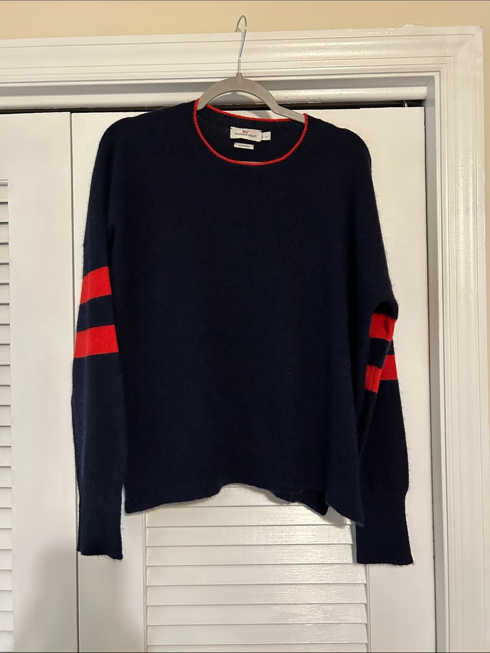 Vineyard Vines Navy Crewneck Sweater with Red Trim and Sleeve Stripes